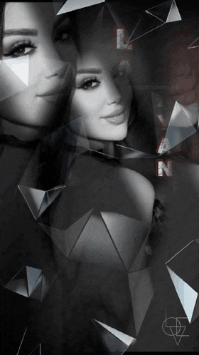 a black and white photo of a woman surrounded by triangles with the letter n visible