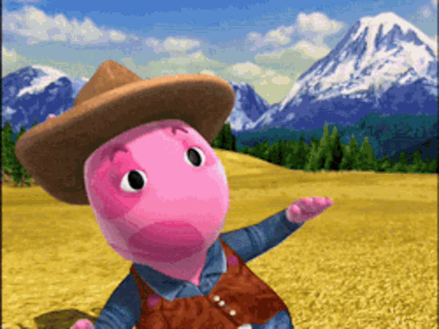 a pink dinosaur wearing a cowboy hat and vest