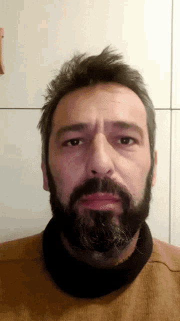 a man with a beard and a brown sweater looks at the camera