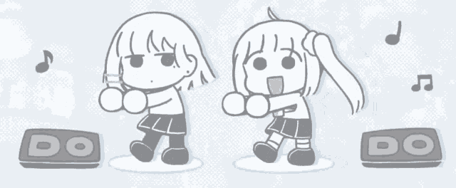 a black and white drawing of two girls standing next to a box that says do