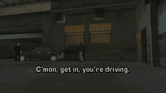 a video game scene where a man says " c'mon get in you re driving "