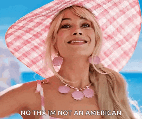 a woman wearing a pink hat and a pink necklace says no thx im not an american .