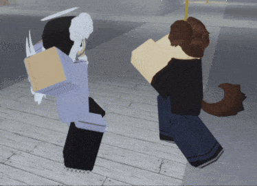 a person with a dog 's tail is standing next to a person with an angel 's head