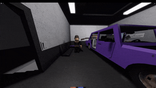 a purple car is parked in a dark room with a sign on the wall that says " i am a fugitive "