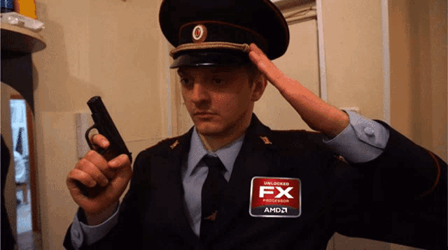 a man in a police uniform holds a gun and has an amd fx processor sticker on his chest