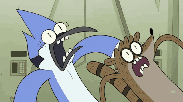 a regular show cartoon shows a blue bird and a raccoon fighting