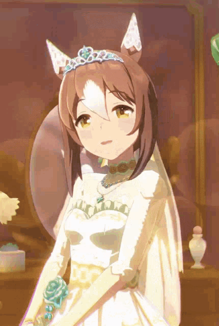 a brown haired anime girl wearing a white dress and a tiara