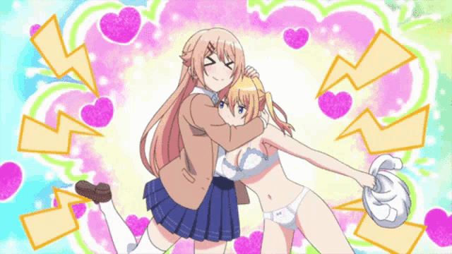 two anime girls hugging each other with hearts and lightning bolts in the background