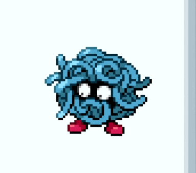 a pixel art image of a blue monster with red feet