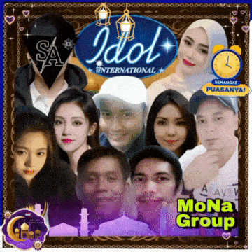 a group of people standing in front of a sign that says idol international on it