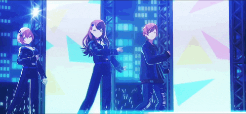 three anime characters are dancing on a stage in front of a blue background