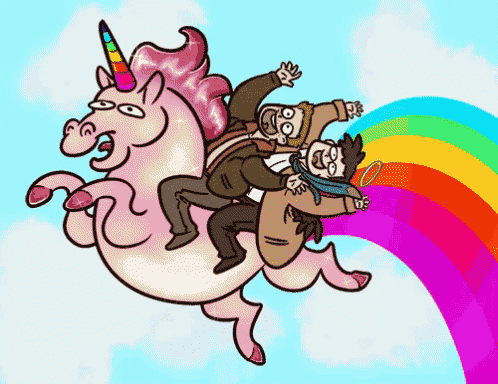 a cartoon of two men riding on the back of a unicorn with a rainbow behind them