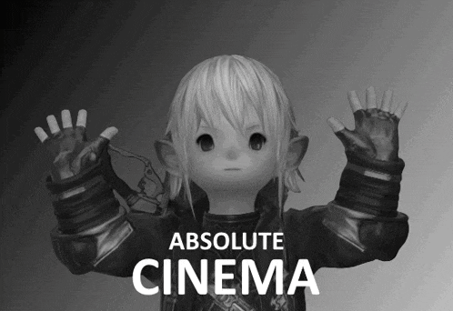 a black and white photo of a little girl with the words absolute cinema below it