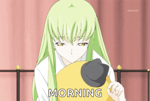a girl with green hair is holding a yellow pillow and the words morning are below her