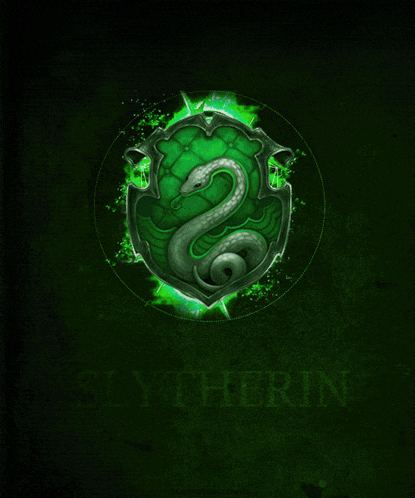 a green shield with a snake and the word slytherin