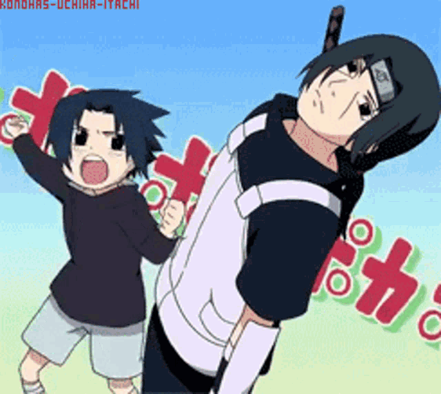 a couple of anime characters standing next to each other with the word itachi on the bottom