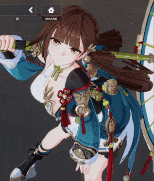 a girl holding a bow and arrow with a share button in the corner