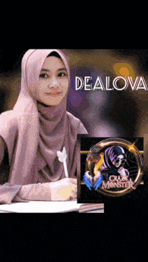 a woman in a hijab sits in front of a poster that says dealova