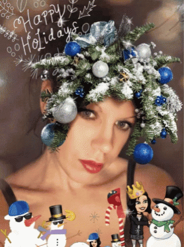 a woman with a christmas tree in her hair and the words happy holidays