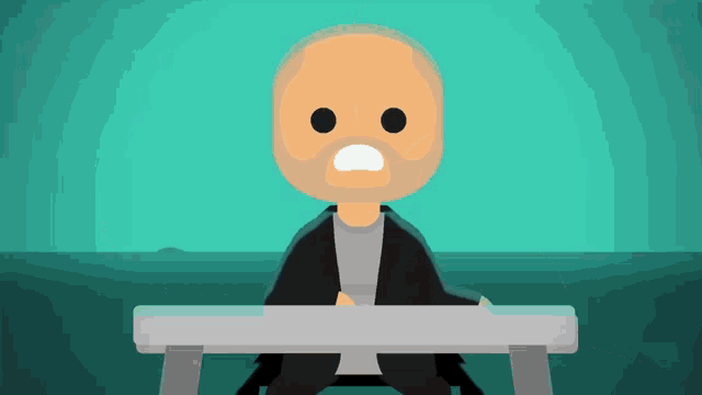 a cartoon man with a beard is sitting at a desk with his mouth open