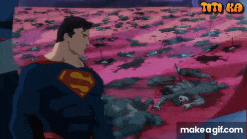 a cartoon of superman standing in front of a field of dead animals ..