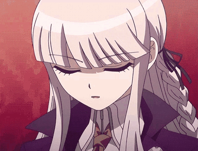 a close up of a girl with white hair and a purple jacket