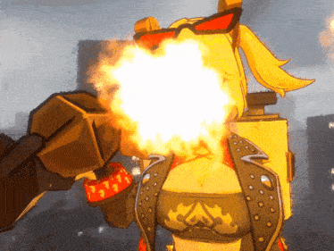 a cartoon drawing of a woman holding a gun with fire coming out of it