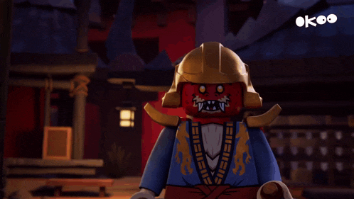 a lego character with a gold helmet and a blue jacket