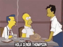 a cartoon of homer simpson smoking a cigarette with hola señor thompson written above him