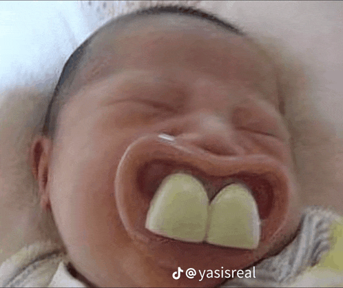 a baby with a pacifier that looks like a tooth