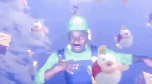 a man in overalls is surrounded by fish and blocks in a video game scene .