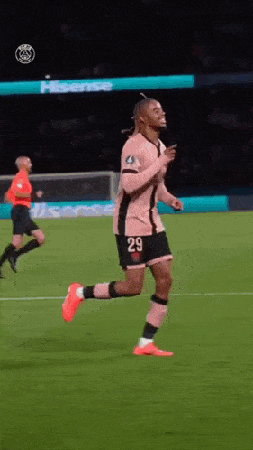 a soccer player wearing a pink jersey with the number 29 on it is running on the field .