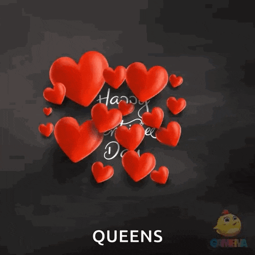 a valentine 's day greeting card with red hearts and the name queens