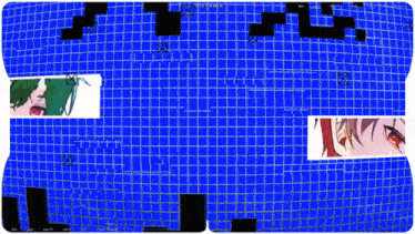 a blue grid with a picture of a girl with red eyes on it