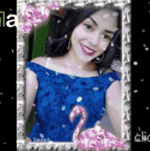 a picture of a woman in a blue dress with a pink flamingo