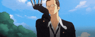 a man in a suit and tie holds a pair of scissors