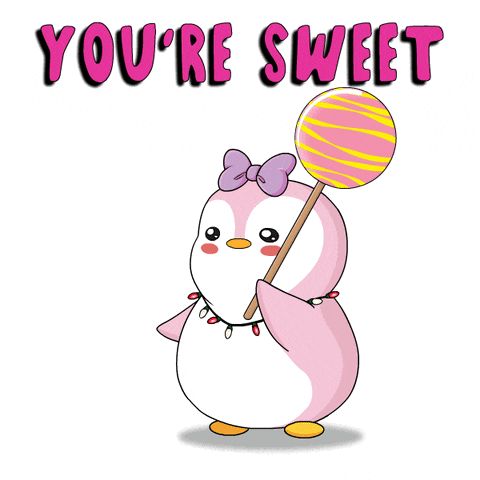 a pink penguin holding a lollipop with the words " you 're sweet " written above it
