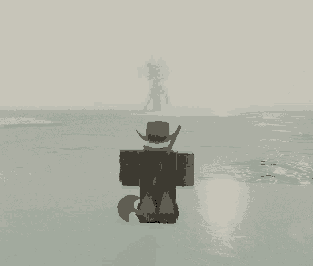 a roblox character wearing a cowboy hat and a sword is standing in the water