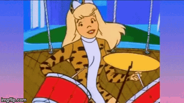 a cartoon girl is playing drums in a leopard print outfit .