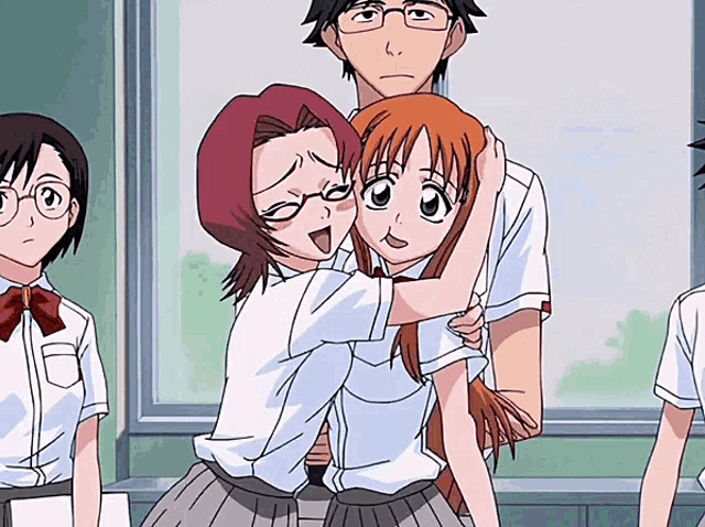 a group of anime characters are hugging each other in a room