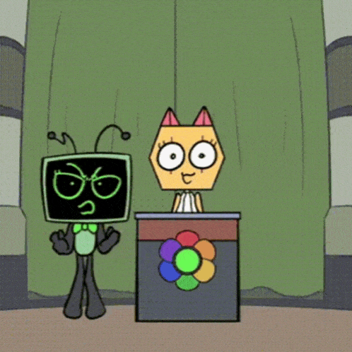 two cartoon characters standing next to a podium with a rainbow flower