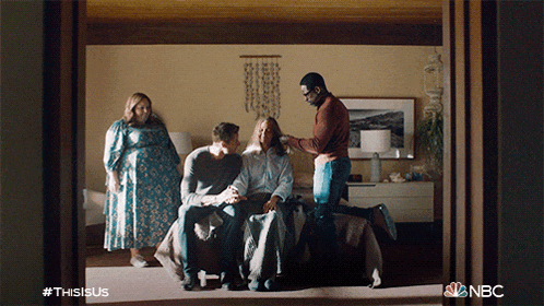 a group of people are sitting on a couch in a room with nbc written on the bottom of the screen