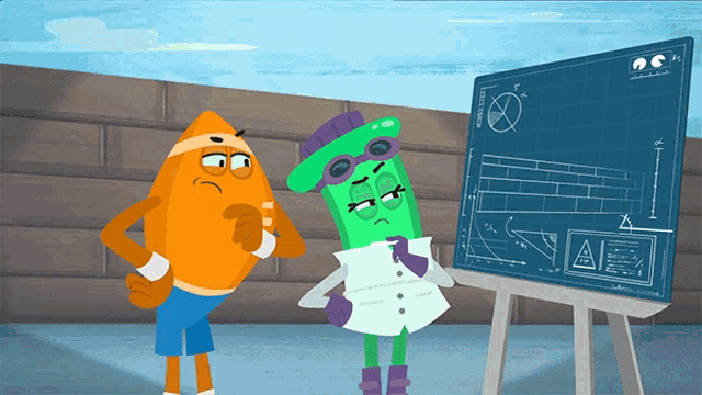 two cartoon characters are standing in front of a drawing board that says ' a ' on it