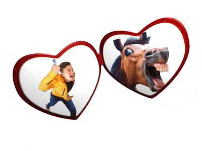 two heart shaped glasses with a boy and a horse