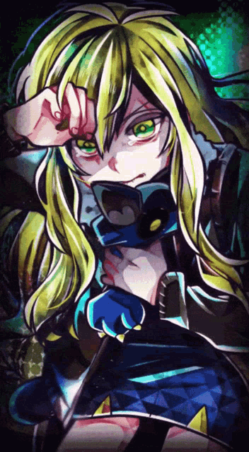 a girl with long blonde hair and green eyes is holding a knife