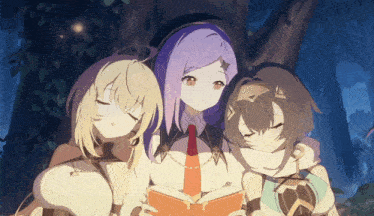 three anime girls are standing next to each other in a forest