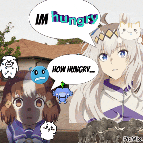 a picture of a girl with a speech bubble that says im hungry