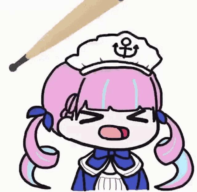 a cartoon drawing of a girl with pink hair and a baseball bat .