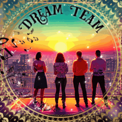 a group of people standing in front of a sunset with the words dream team