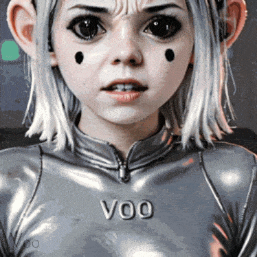 a young girl with black spots on her face is wearing a silver outfit with the word voo on it